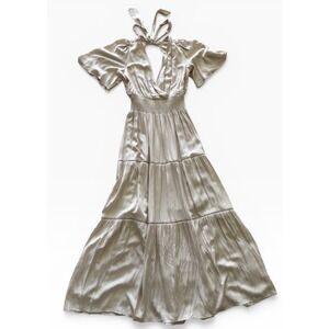 Lovestitch Tara Maxi Dress Eggshell Medium Tie Neck Tiered Lined Short Sleeve.